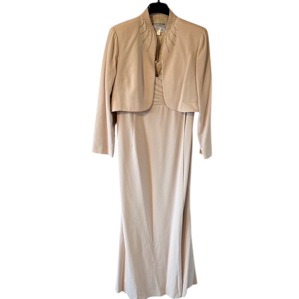 Daymor Couture Blush Beaded Maxi Dress & Cropped Jacket Set Size 18